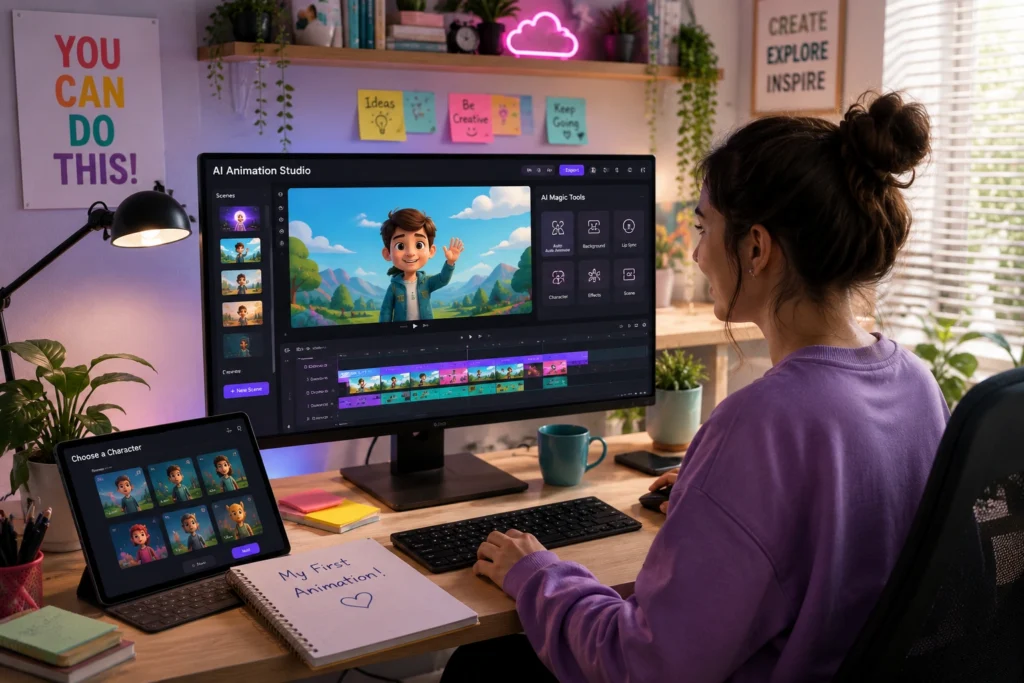 Teacher and content creator using Animaker AI to create animated educational videos, cartoon characters, explainer content, and engaging visual presentations.