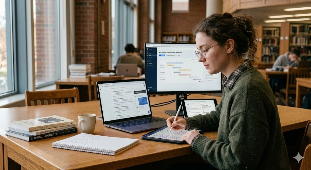Student using AI study tools in a university library for research, note-taking, assignment planning, and time management