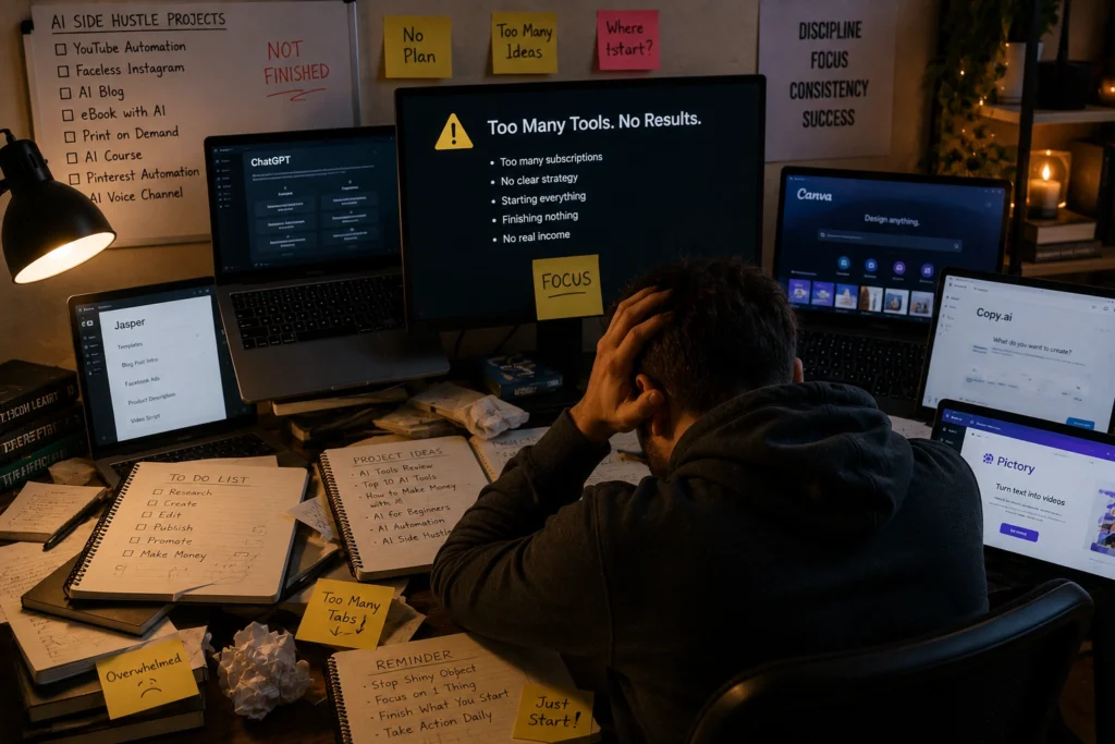 Overwhelmed creator struggling with too many AI tools, subscriptions, and unfinished side hustle projects while managing multiple productivity and content creation platforms.
