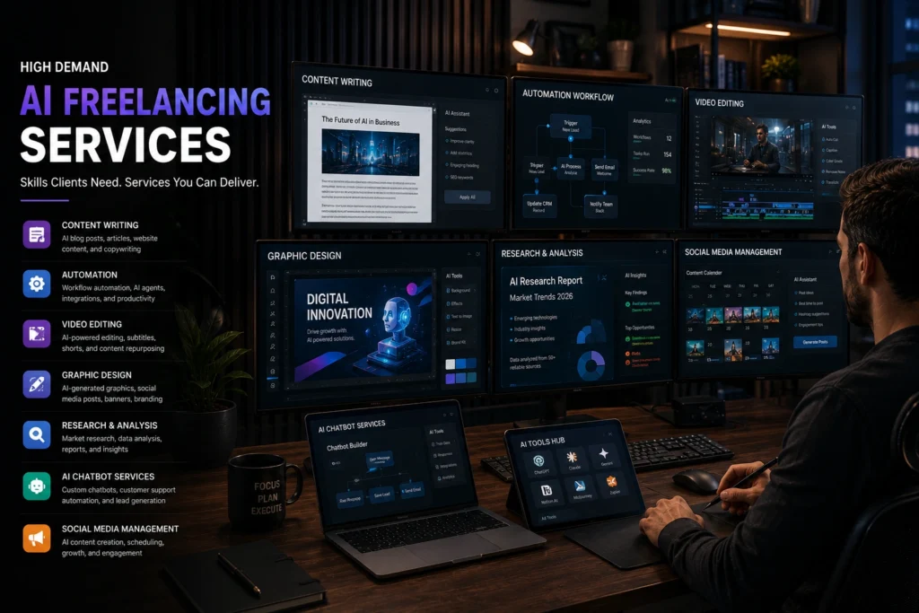 AI freelancing services dashboard showing content writing, automation, video editing, research, and social media management skills