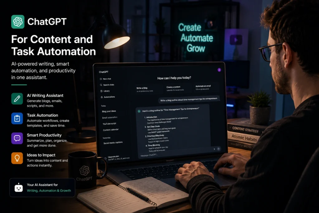 Professional using ChatGPT for content creation, workflow automation, task management, research assistance, and business productivity in a modern workspace