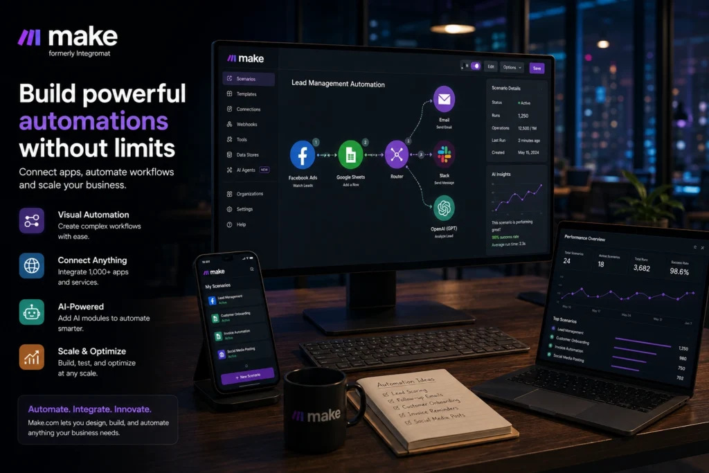 Make automation platform dashboard showing visual workflow builder, app integrations, lead management automation, and AI-powered business processes