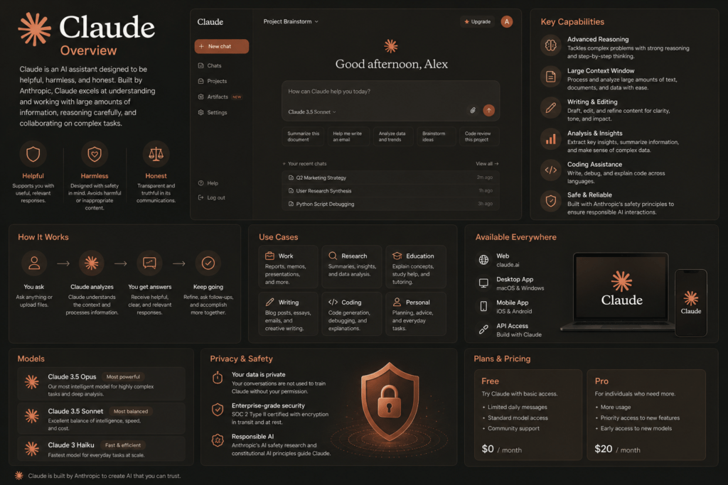 Claude AI overview highlighting long-context understanding, document analysis, reasoning, and AI writing capabilities