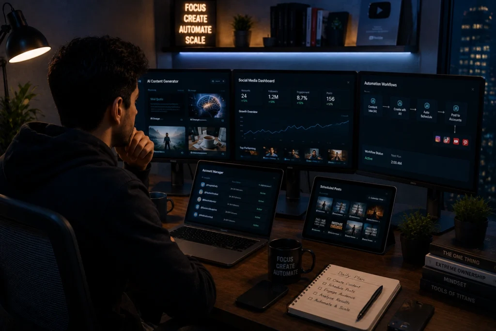 Person managing a faceless AI-powered social media business using automated content creation, scheduling tools, analytics dashboards, and multi-platform publishing workflows.