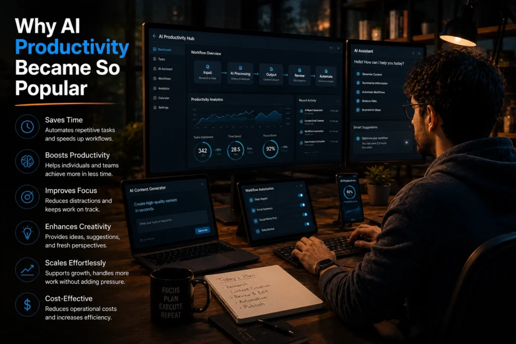 Professional using AI productivity tools to automate workflows, manage tasks, organize projects, and improve efficiency through AI-powered work management and digital productivity systems.