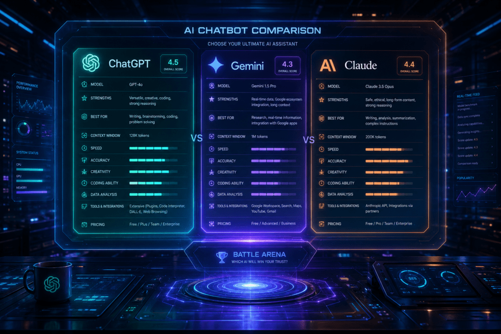 ChatGPT vs Gemini vs Claude AI feature comparison chart for writing, coding, research, creativity, and productivity in 2026