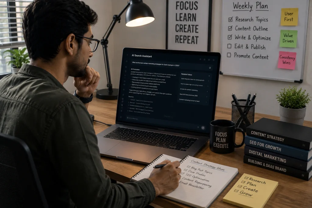 Freelancer using Perplexity AI for research, content planning, and market analysis
