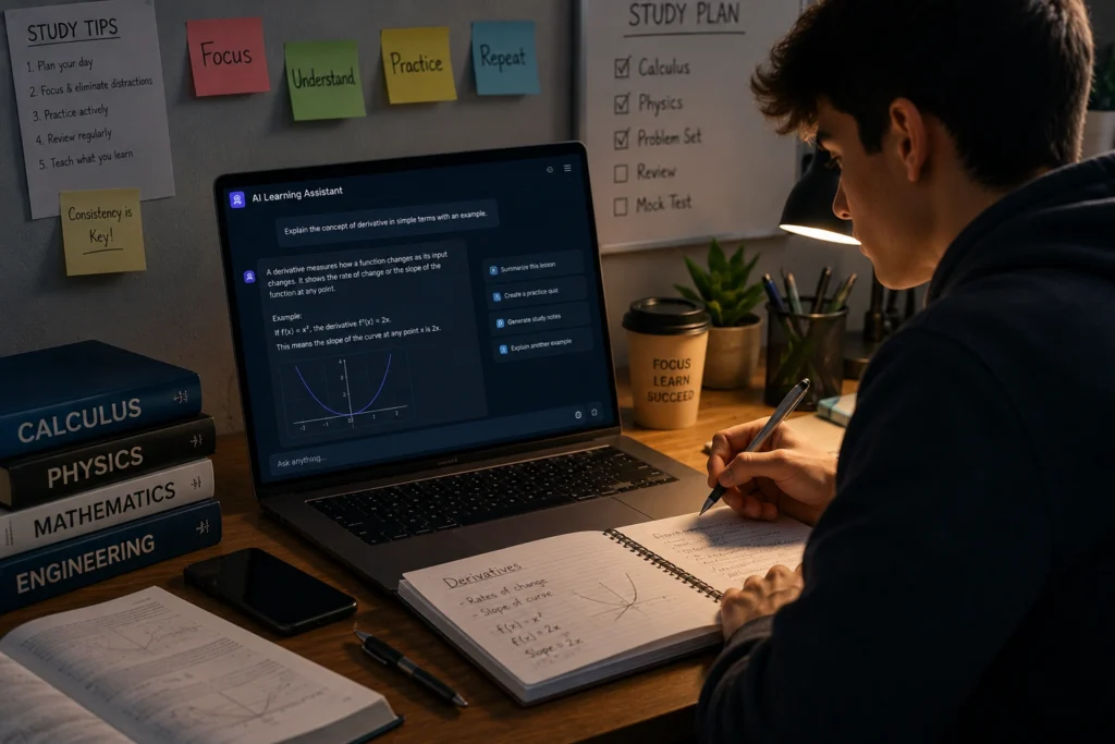 Student using an AI learning assistant to study, practice concepts, organize notes, and improve academic performance