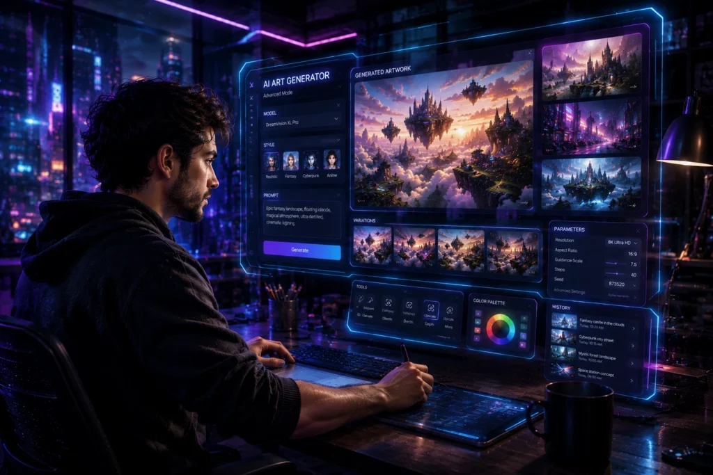 Digital artist using Midjourney AI image generator to create detailed fantasy artwork and cinematic concept art through advanced prompt-based image generation.