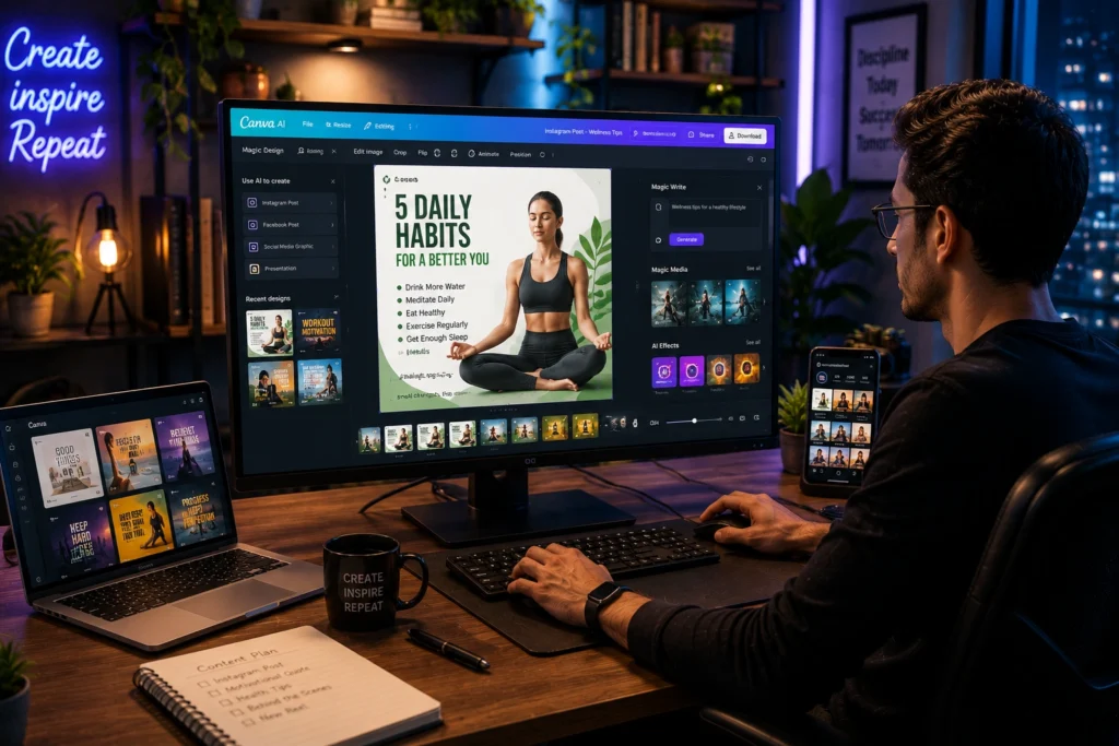 Creator using Canva AI Animation to design animated social media content, motion graphics, reels, presentations, and marketing visuals across desktop and mobile devices.