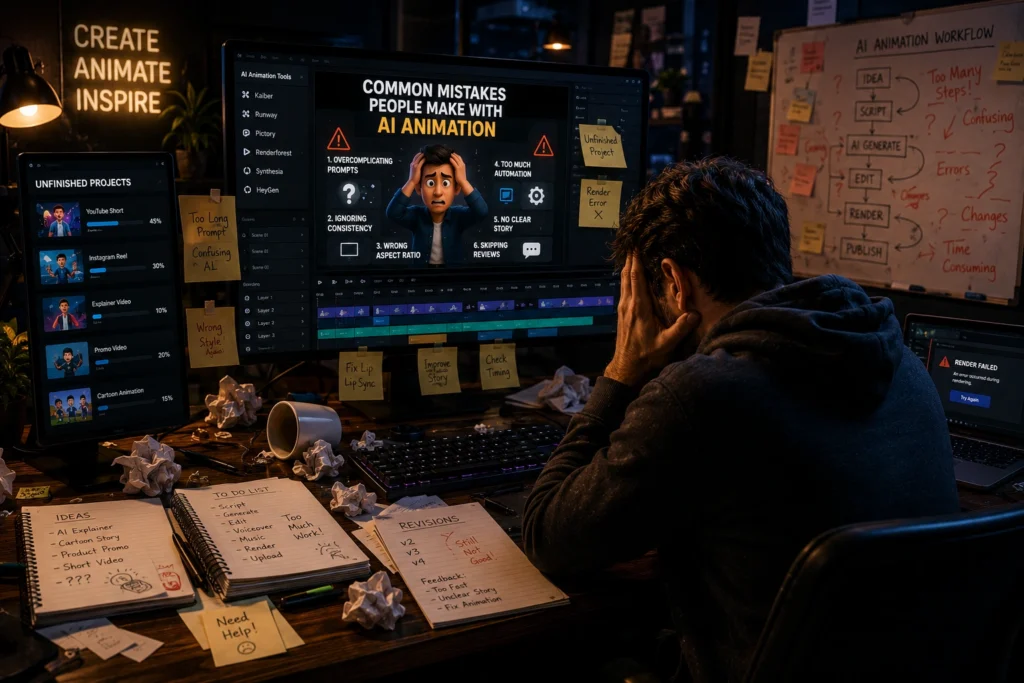 Creator reviewing common AI animation mistakes on a video editing dashboard, surrounded by unfinished projects, workflow notes, and content planning boards in a professional workspace.