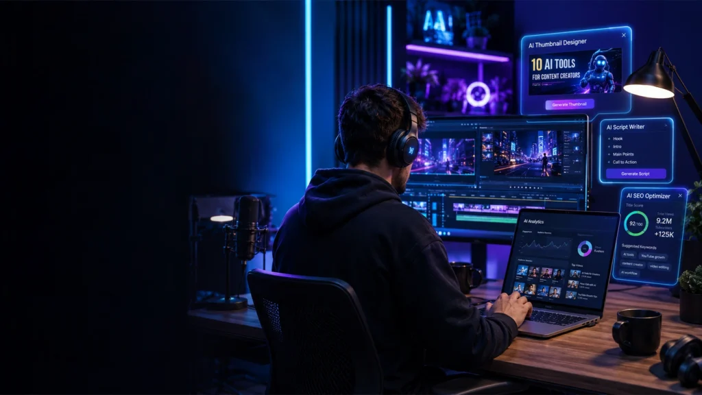 YouTube creator using AI video editing tools to streamline content production, create thumbnails, optimize SEO, and analyze channel performance