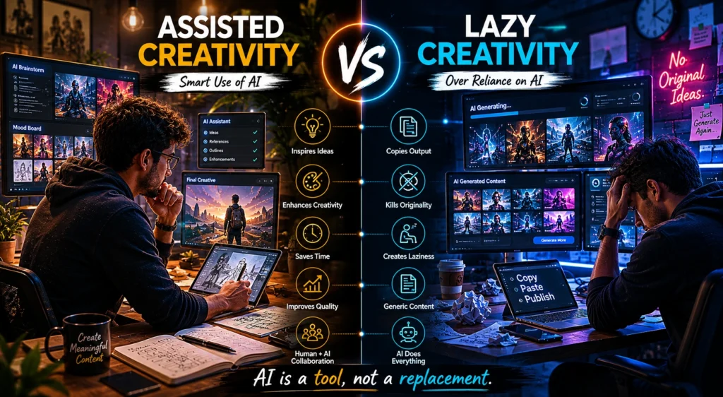 Side-by-side comparison of assisted creativity versus lazy creativity, showing a creator using AI to enhance original ideas on one side and another creator over-relying on AI-generated content on the other.