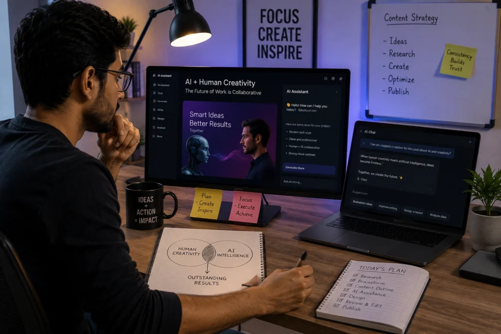 Freelancer using AI and human creativity together to improve productivity, content creation, and long-term freelance success
