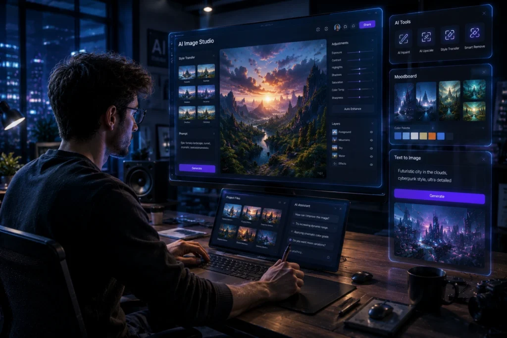 Designer using Canva AI to create images, social media graphics, thumbnails, and visual content through an easy-to-use drag-and-drop design platform.