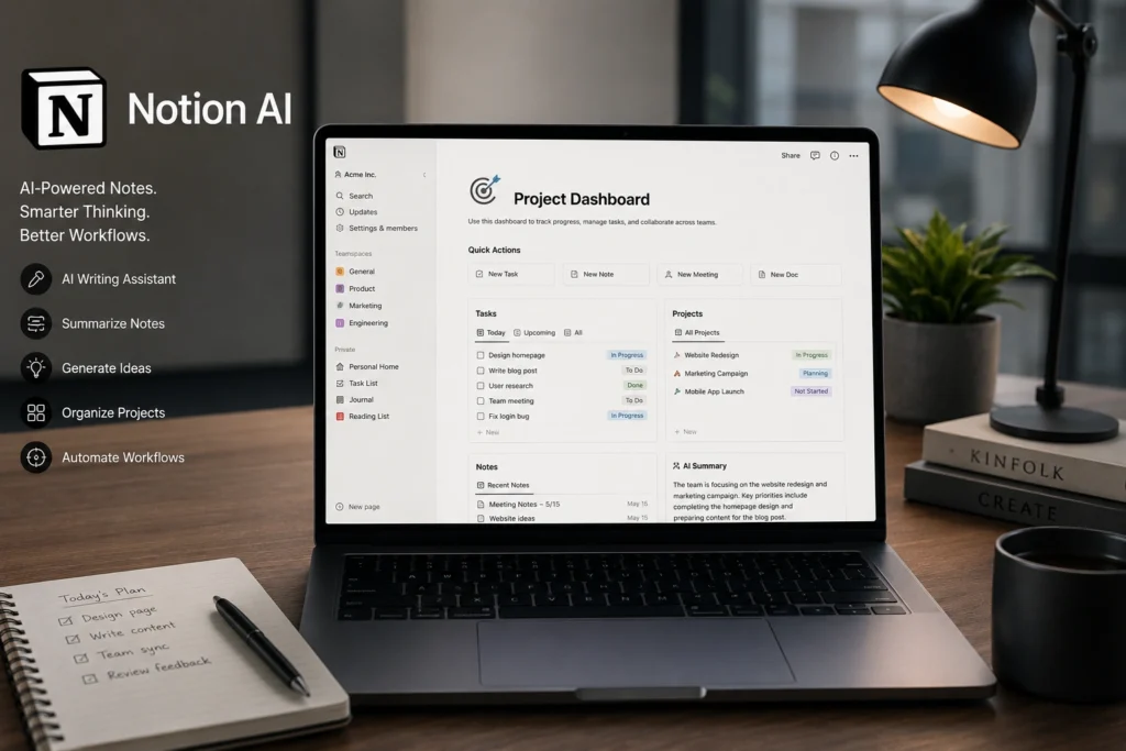 Notion AI project dashboard helping users organize notes, tasks, workflows, and productivity