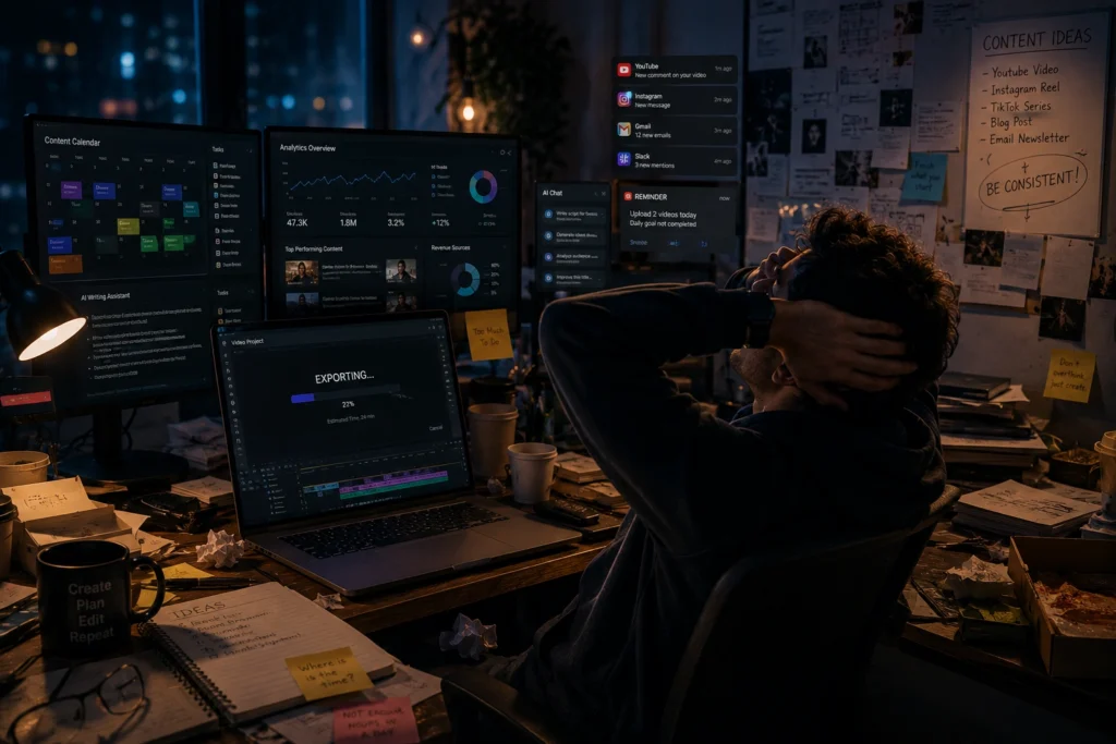 Content creator experiencing AI burnout due to constant content production, digital overload, and productivity pressure
