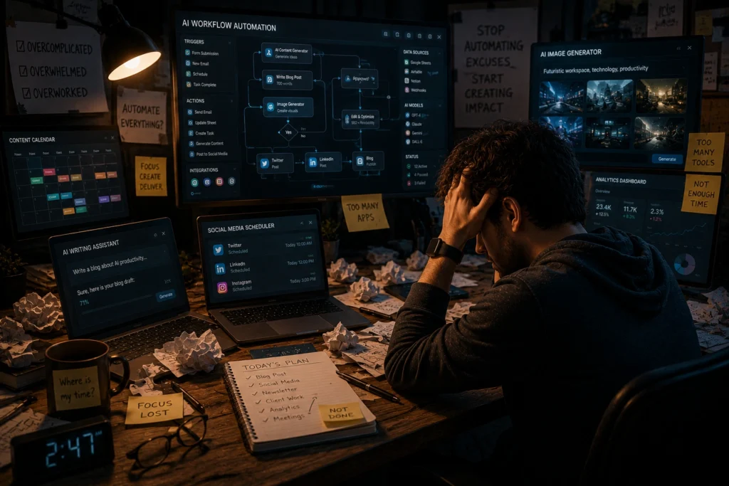 Overwhelmed professional surrounded by AI productivity dashboards, automation workflows, and task management tools, illustrating burnout, tool overload, and the illusion of productivity in the AI era.