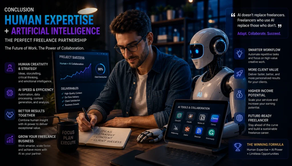 Freelancer combining human expertise and AI tools to improve productivity, client results, and business growth in 2026