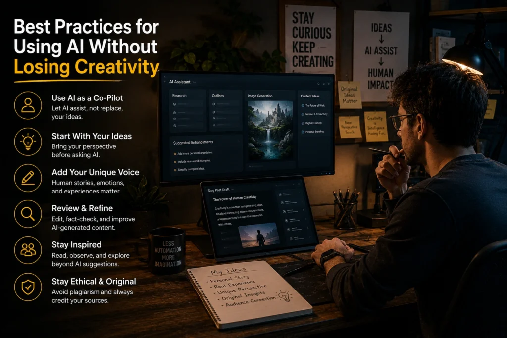 Creator using AI as a creative assistant to brainstorm ideas, organize research, improve productivity, and enhance content while maintaining originality, personal perspective, and human creativity.