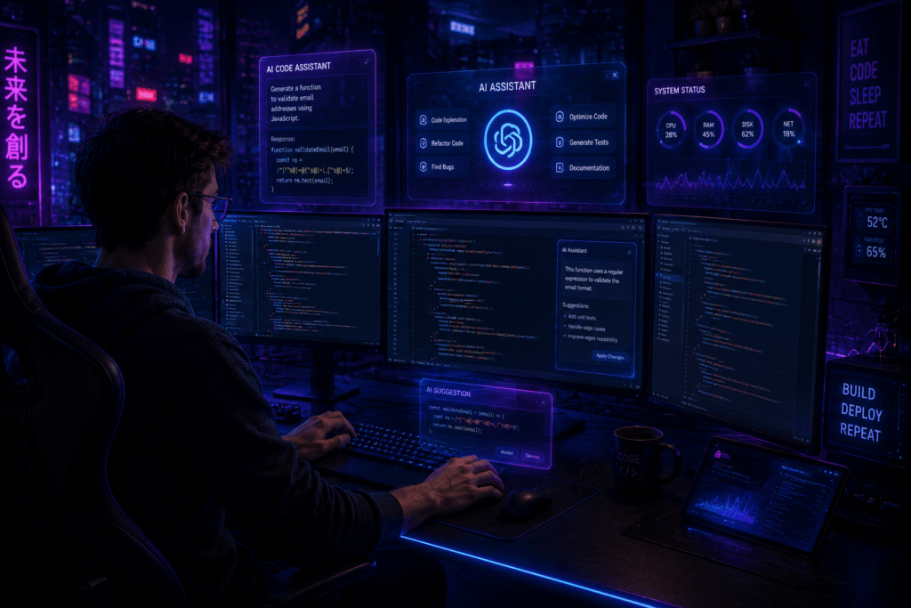AI coding assistant helping developers with code generation, debugging, programming, and software development