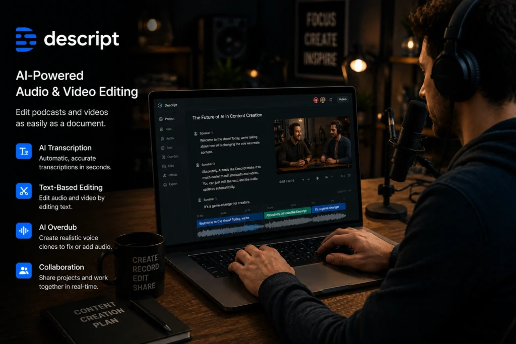 Descript AI audio and video editing platform helping creators edit podcasts and videos using text-based editing