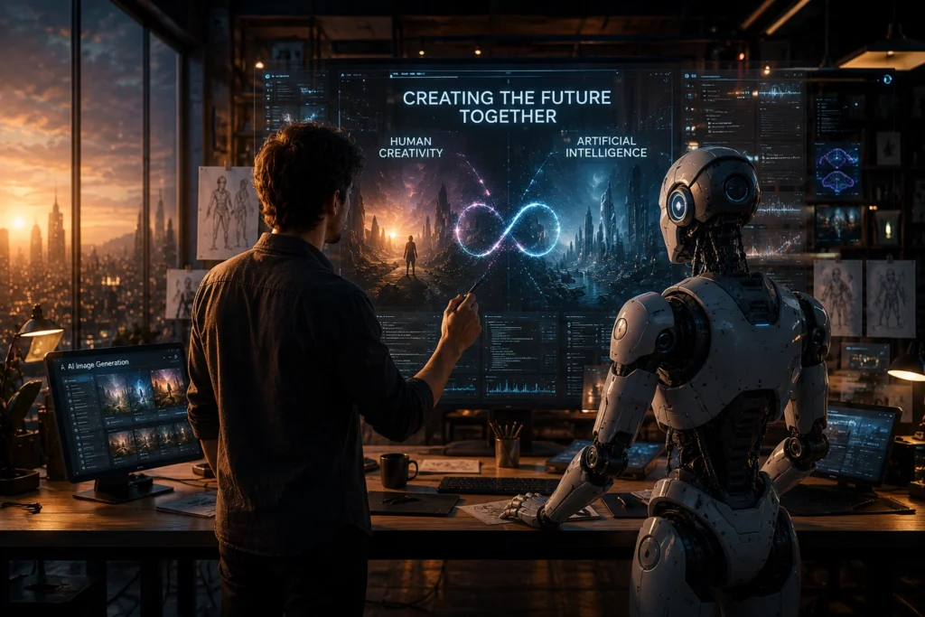 Creator and AI working together in a futuristic creative workspace, symbolizing the balance between human imagination and artificial intelligence in content creation, design, and innovation.