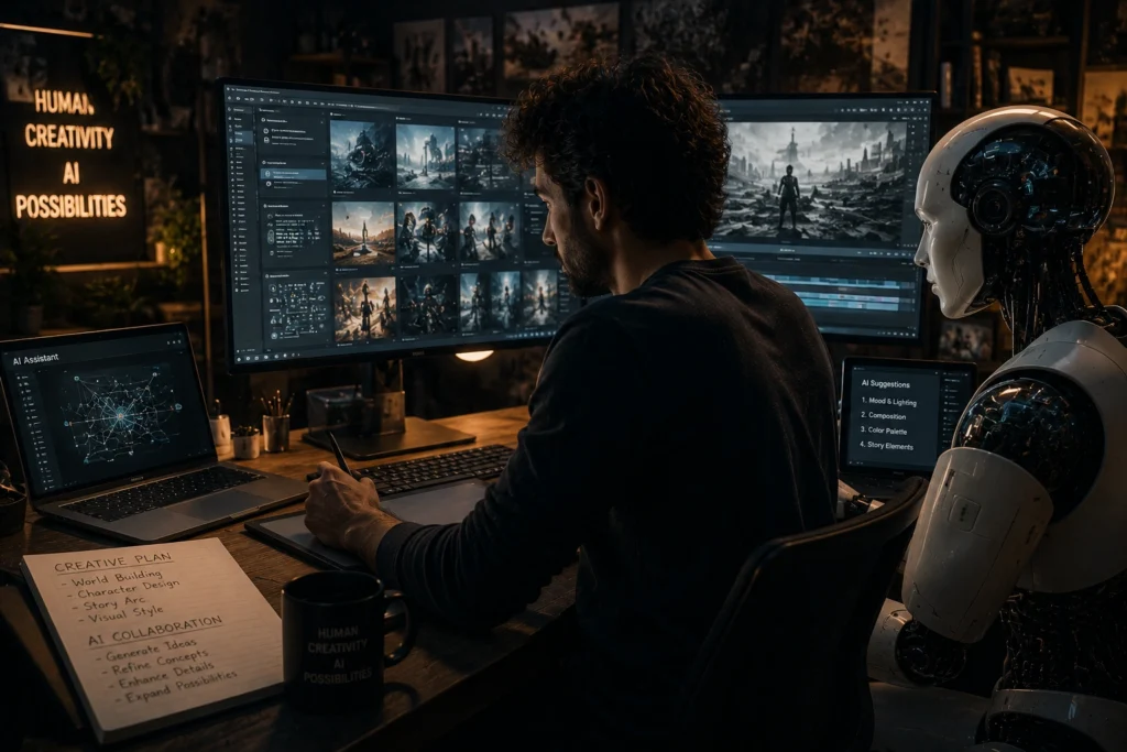 Content creator collaborating with an AI assistant while reviewing digital artwork and creative projects, illustrating how AI supports human creativity through idea generation, design assistance, and content creation.