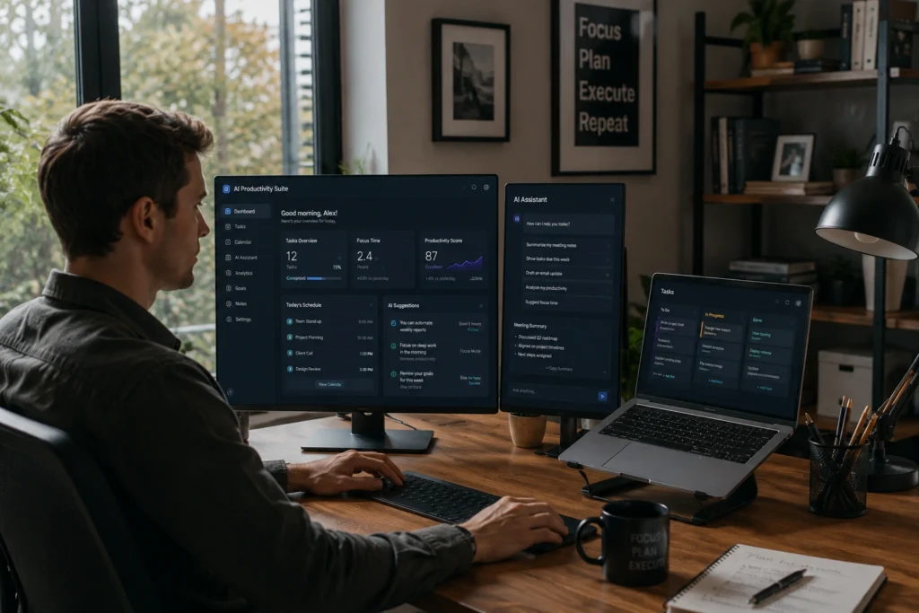 Professional using AI productivity apps to manage tasks, focus, and workflow