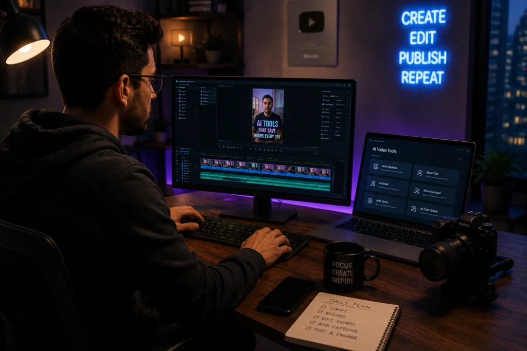 Freelance video editor using AI-powered video editing tools to create short-form content, automate editing tasks, and produce videos for YouTube, Instagram, and TikTok.