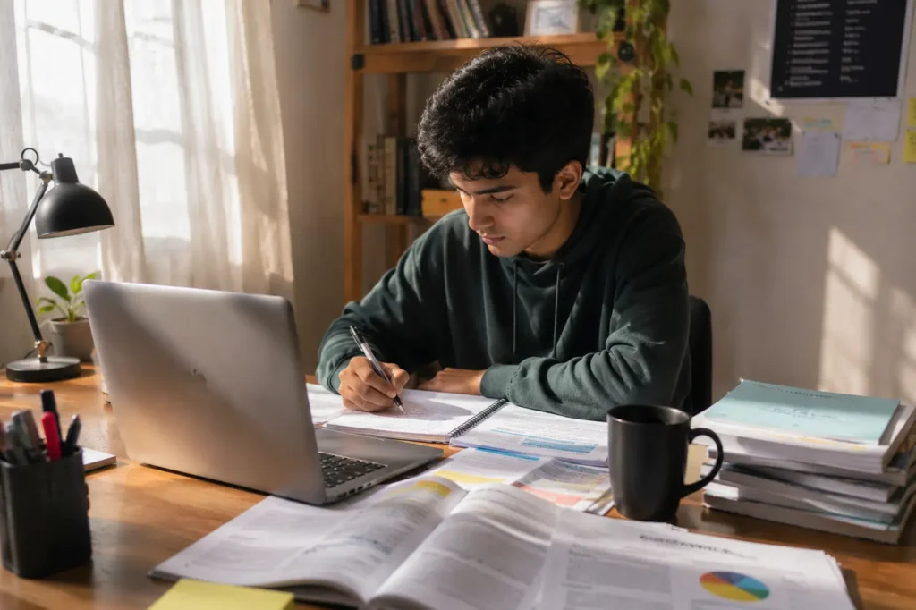 Student using AI-powered research and study tools to create revision notes, generate flashcards, summarize educational content, and prepare for exams