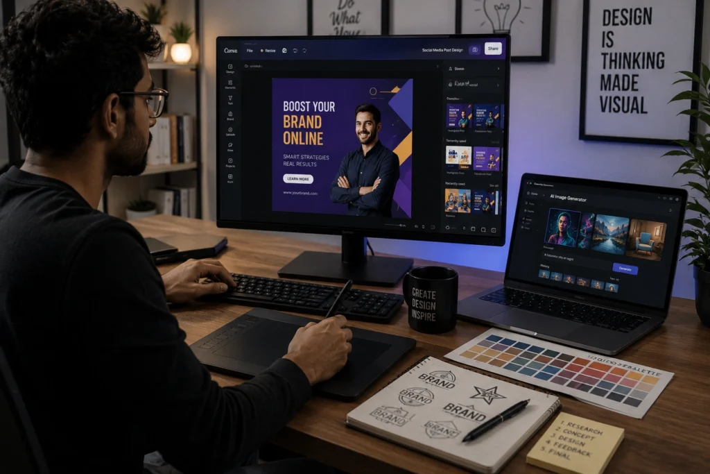Freelancer using Canva AI to create social media graphics, marketing visuals, presentations, and branded content from a professional workspace
