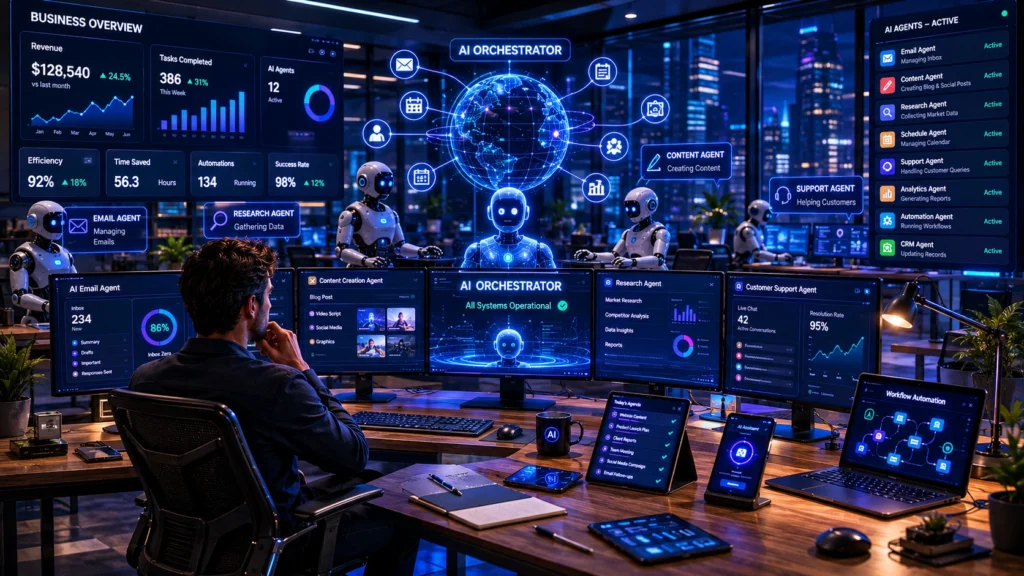 AI orchestration dashboard monitoring agent performance, workflow automation, and productivity metrics