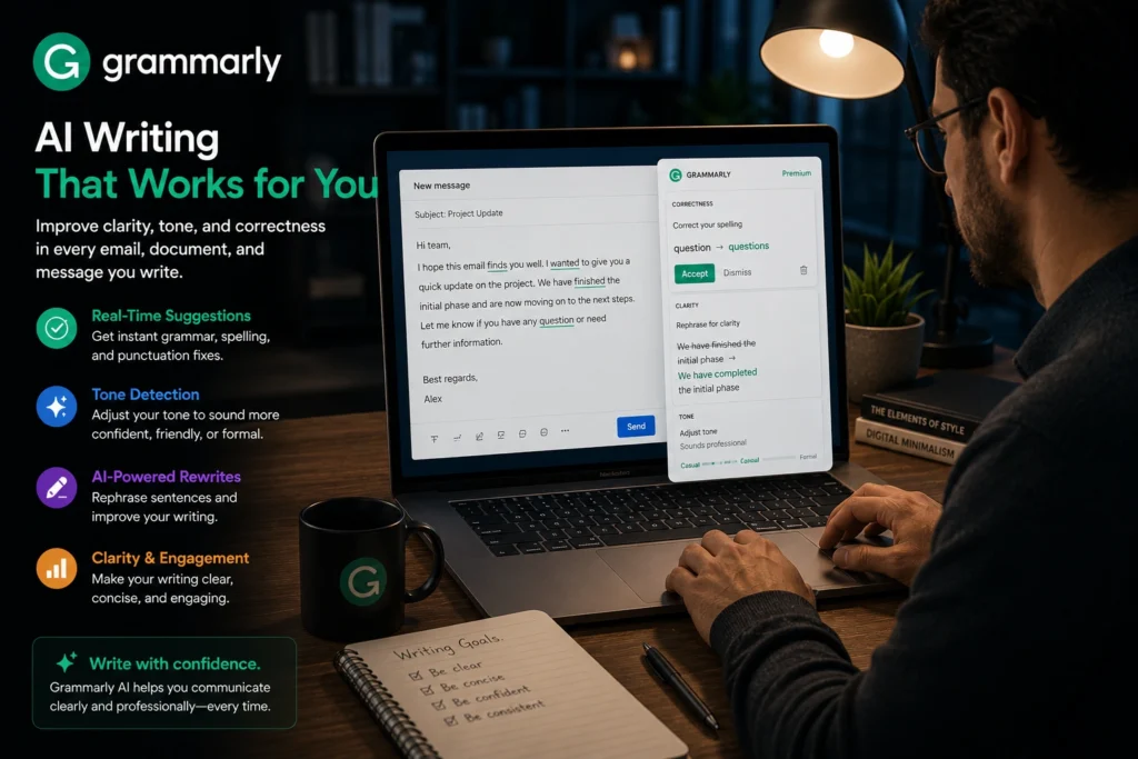 Professional using Grammarly AI to improve writing quality, edit business communication, refine emails, and enhance content clarity in a modern workspace