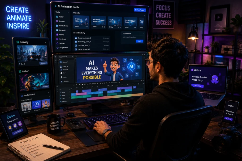 Content creator comparing and using multiple AI animation tools including Runway, Kaiber, Renderforest, Canva AI, and Pictory to create videos, social media content, and digital marketing projects.