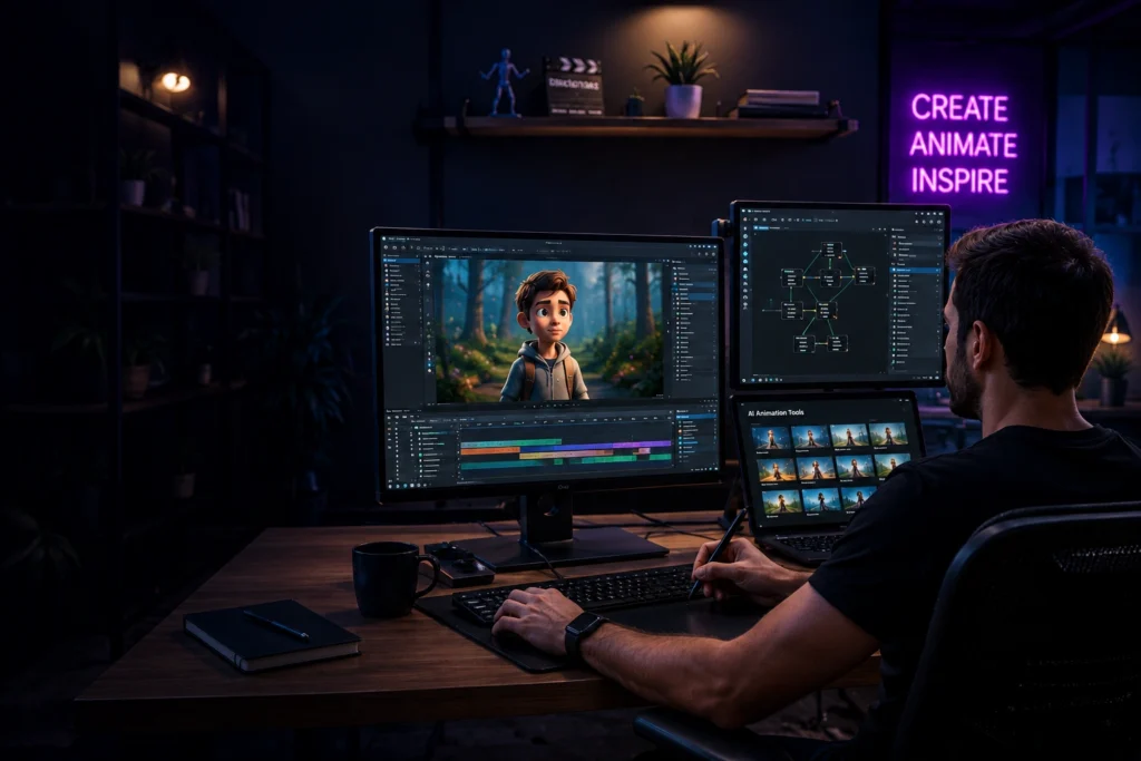 Creator using AI animation software to design animated characters, motion graphics, visual effects, and storytelling content on multiple screens.