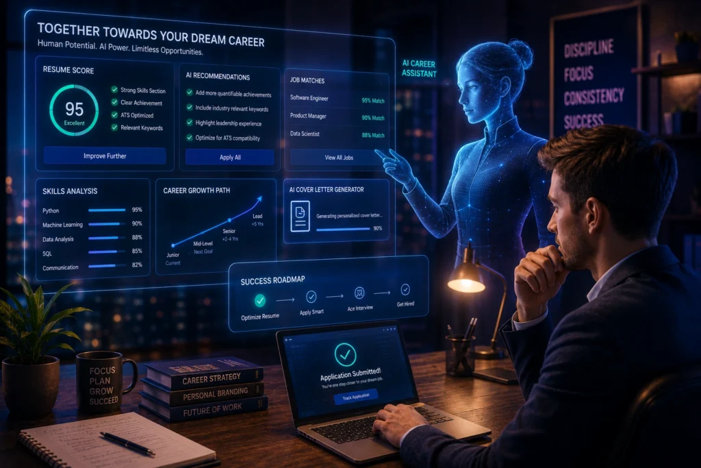 Professional using an AI career assistant to optimize resumes, analyze skills, generate cover letters, and improve job application success.