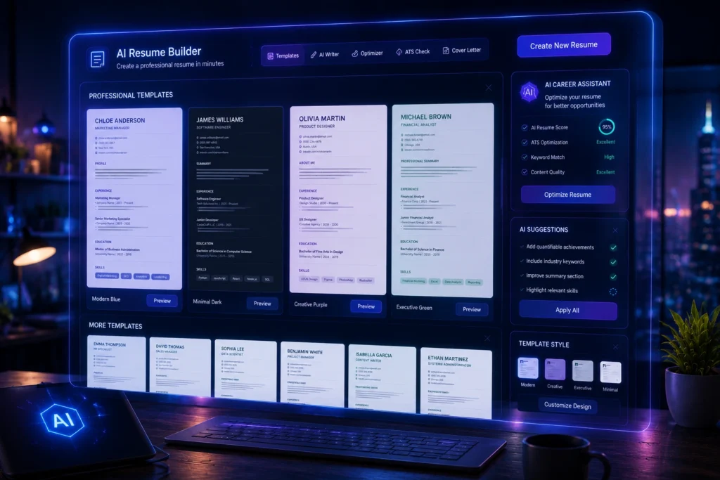 AI resume builder dashboard displaying professional resume templates, ATS optimization tools, AI writing suggestions, resume scoring, keyword matching, and customizable resume designs for job seekers.