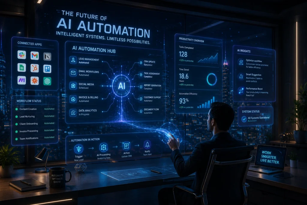 Business owner monitoring AI workflow automation dashboard with automated lead management, customer onboarding, CRM integration, sales funnels, and business process automation