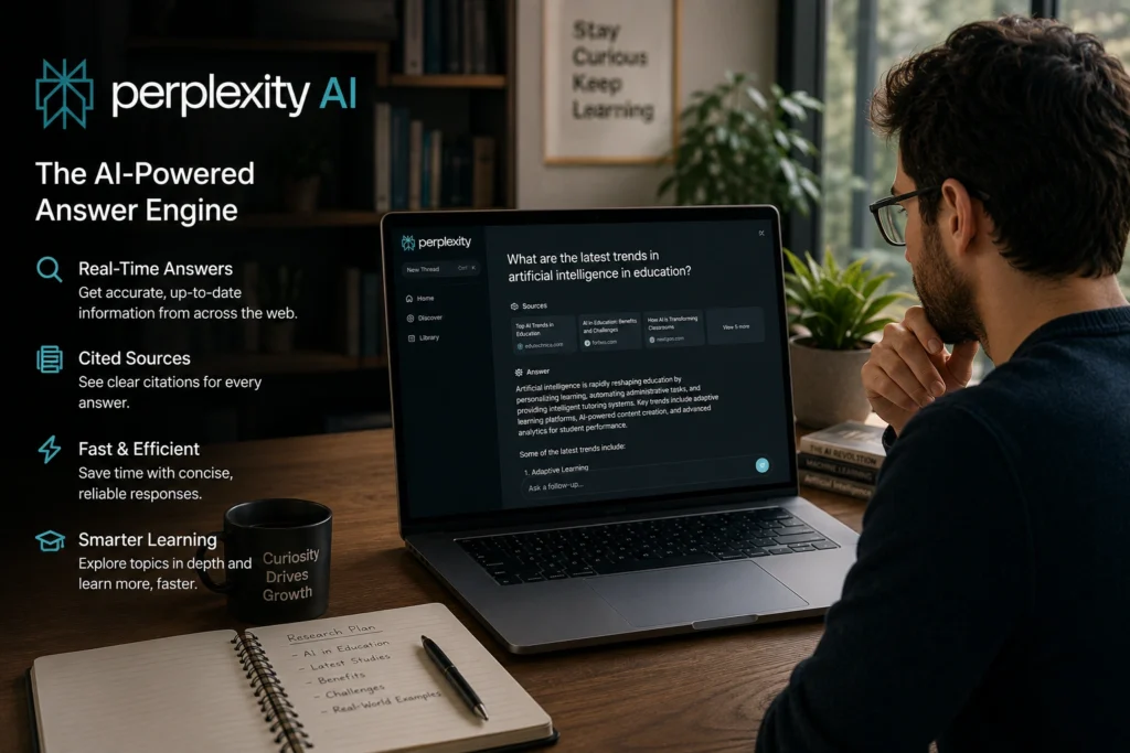 Perplexity AI providing source-based research, fact-checking, and real-time answers for faster learning