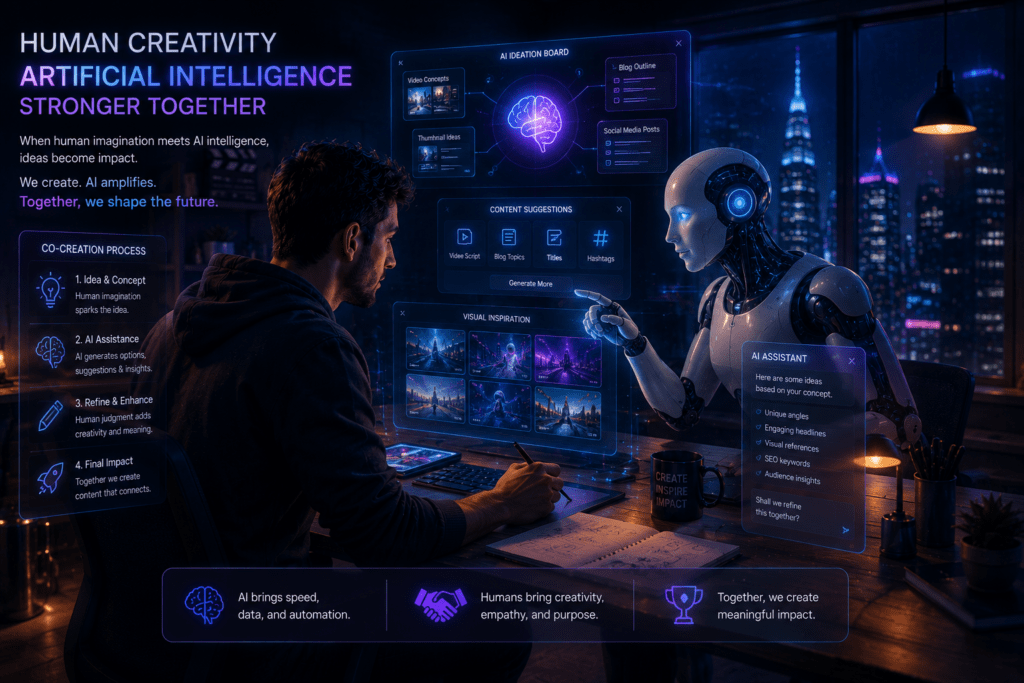 Human creativity and AI working together to improve content creation, innovation, productivity, and digital storytelling