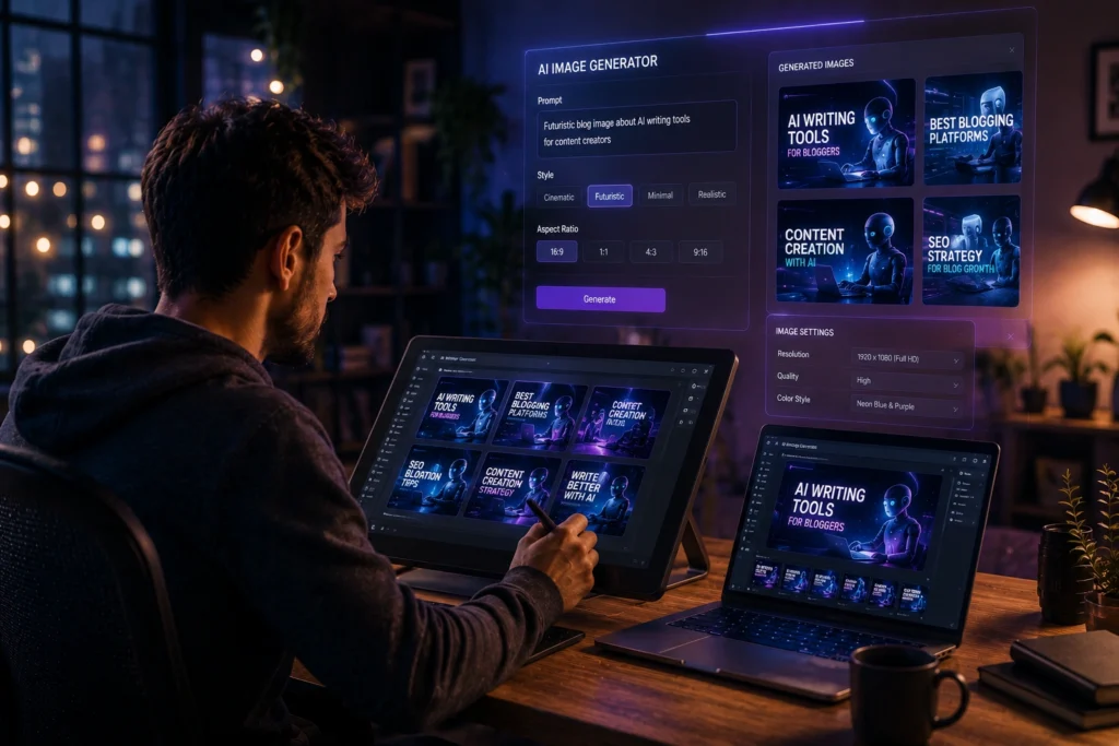 Blogger using an AI image generator to create custom blog banners, thumbnails, social media graphics, and visual content for articles and SEO-focused websites.