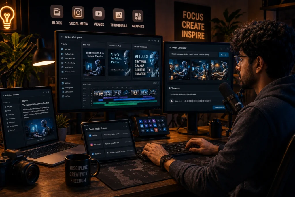 Writer using AI research and content creation tools to organize information, create outlines, generate content ideas, and streamline writing workflows while maintaining human oversight and fact-checking.