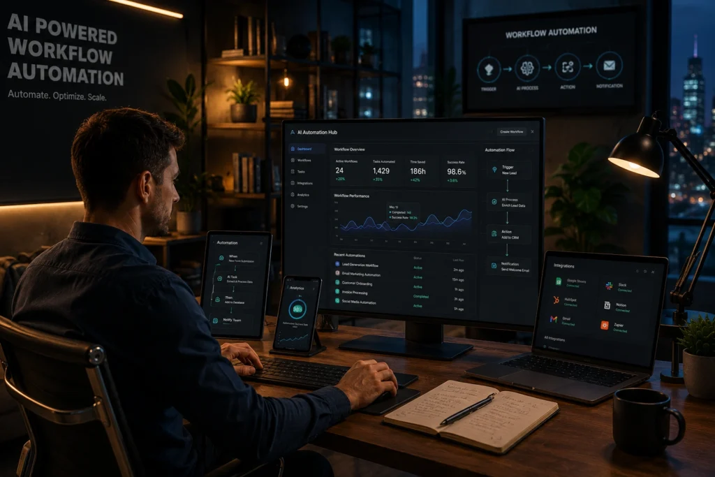 Professional using AI workflow automation software to manage tasks, automate business processes, track performance, and streamline digital workflows