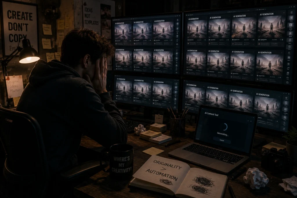 Creator surrounded by nearly identical AI-generated content on multiple screens, illustrating how overreliance on AI templates and prompts can reduce originality, creativity, and unique content creation.