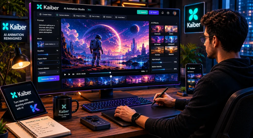 Creator using Kaiber AI to generate artistic animations, music video visuals, cinematic effects, and AI-powered creative storytelling content.