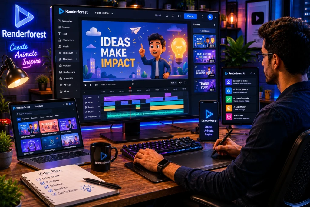 Creator using Renderforest AI to create animated videos, logo animations, promotional content, and branded marketing visuals from a professional workstation.