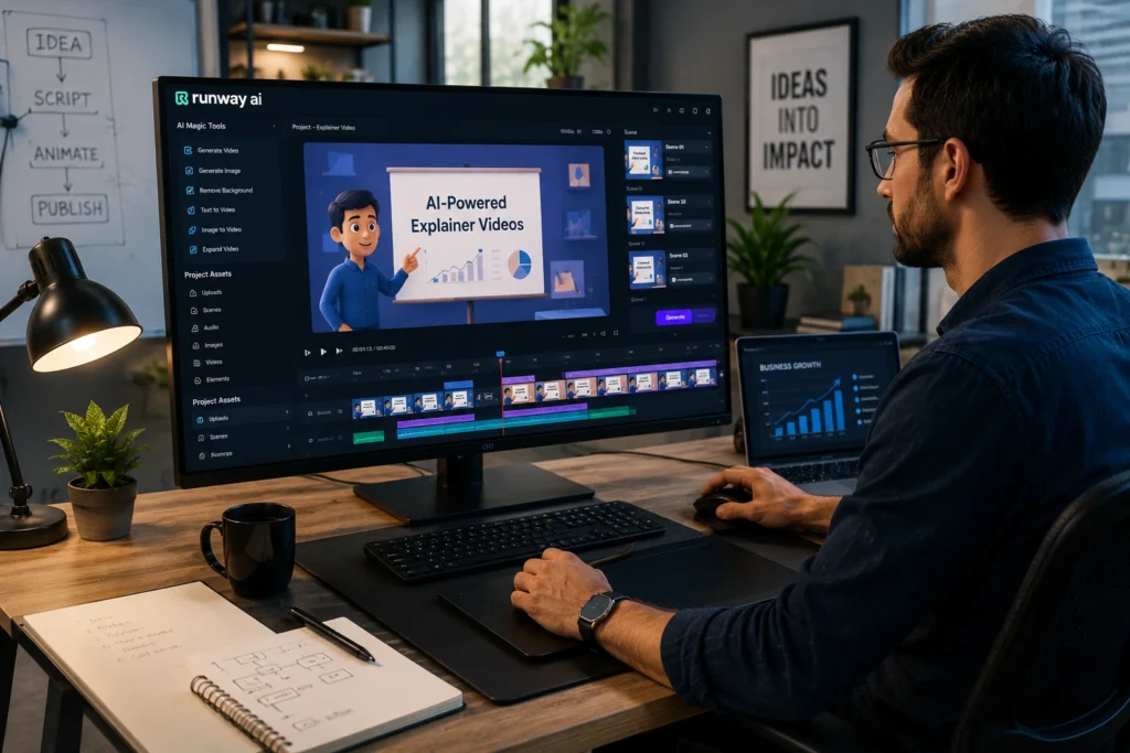 Creator using Runway AI video generation software to create animated videos, motion graphics, cinematic content, and AI-powered visual storytelling projects.