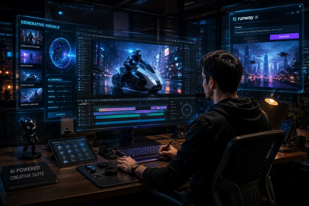 Professional creator using AI animation software to create business presentations, educational videos, training content, and animated explainer projects on multiple screens.