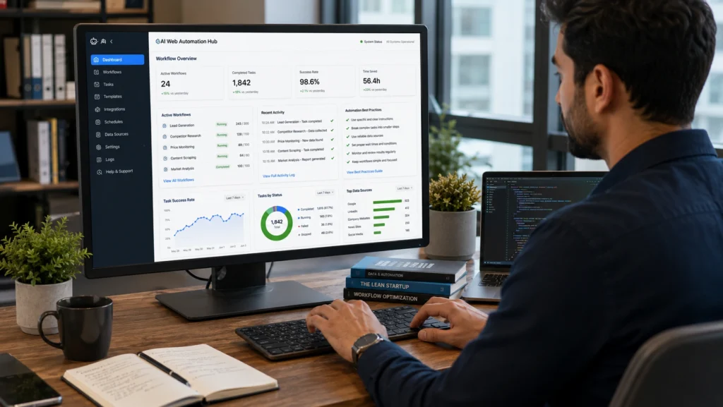 Professional managing AI web automation workflows through a browser automation dashboard with performance tracking and best practices.